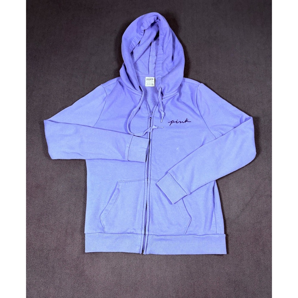 Victorias Secret Pink Hoodie Womens XS Purple Script Logo Cotton Fleece Full Zip